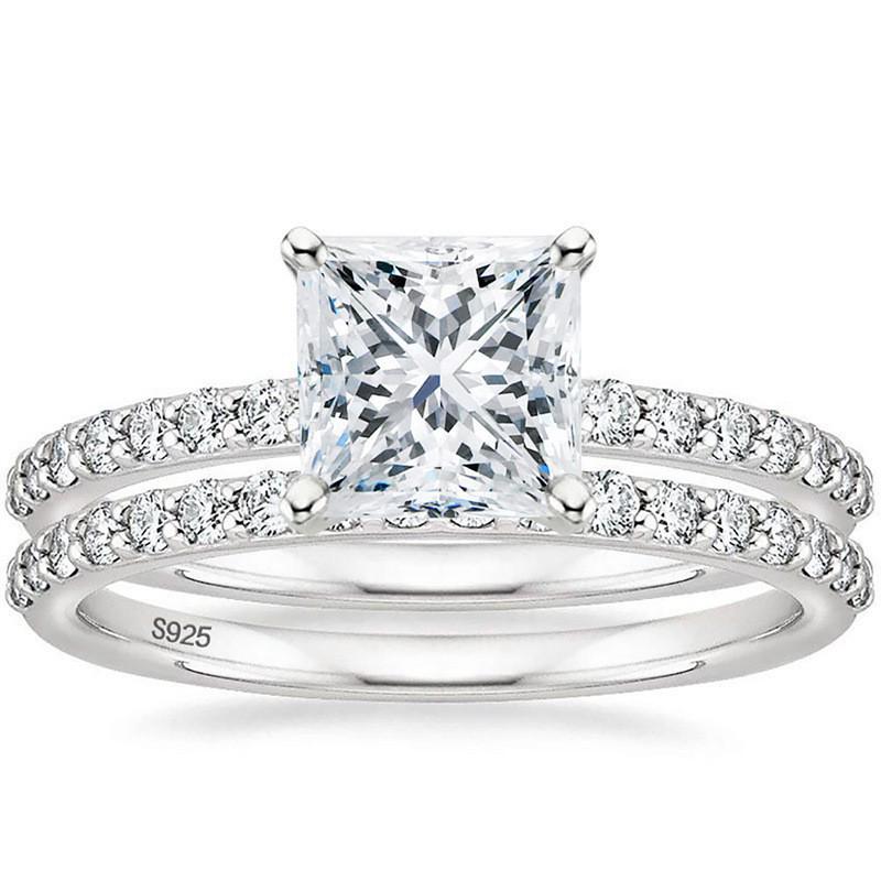 Arvaleff S925 Sterling Silver Women's Ring Set with 2 Carat 6x8 Rectangular Zirconia - European & American Hot-Selling.