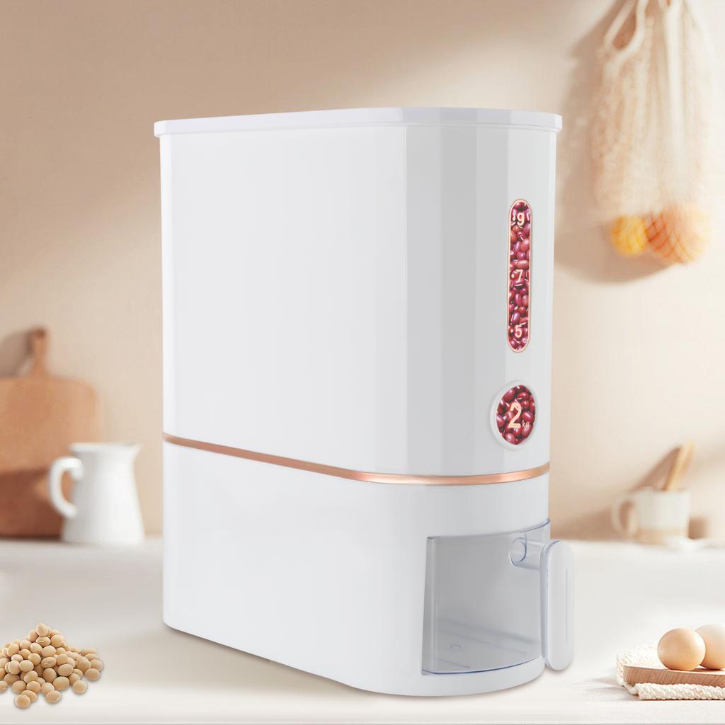 10KG Large Rice Dispenser with Measuring Cup, White Dry Food Storage Container for Kitchen, Pantry Organization, Flour, Cereal