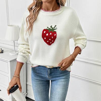 Strawberry Jacquard Knitted Sweater, New Round Neck Stitching Pullover Sweater for Autumn and Winter