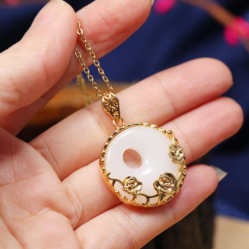 Chinese style imitation Hetian jade safety buckle necklace women's retro temperament titanium steel clavicle chain gold inlaid jade pendant with