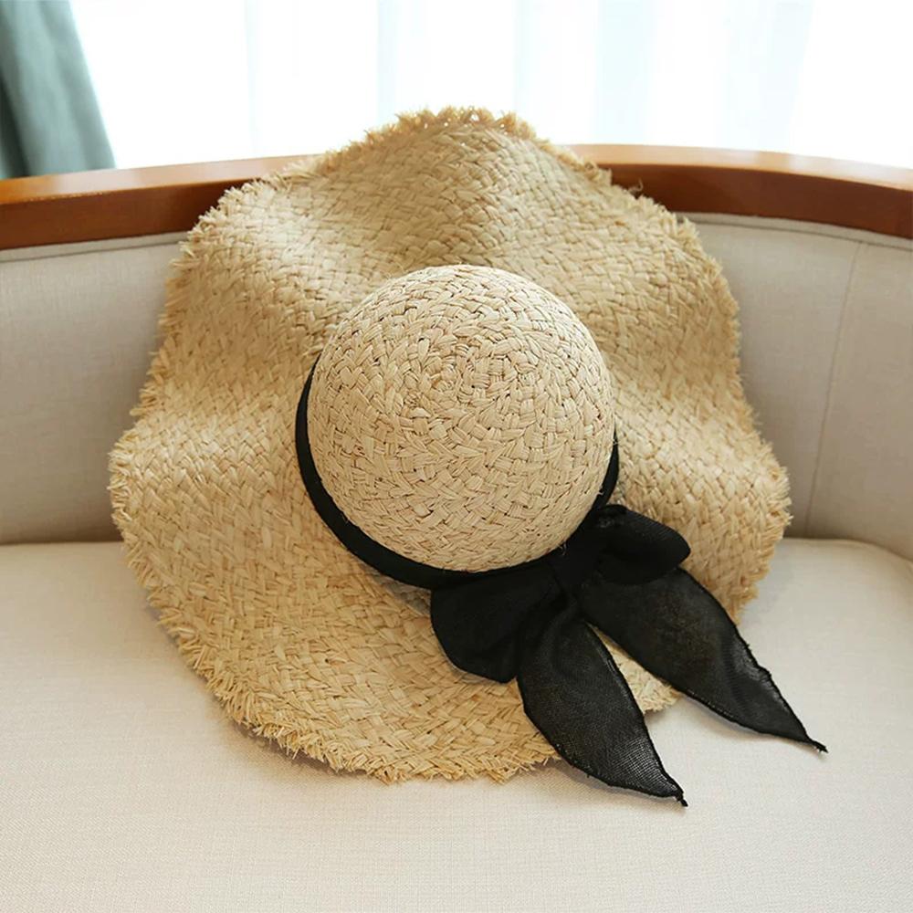 

Women Summer Hat Ribbon Bow wave Raffia Straw Hats for Women High Quality Flat Top Boater Hat Female Wide Brim Beach Sun Hats 56-58cm