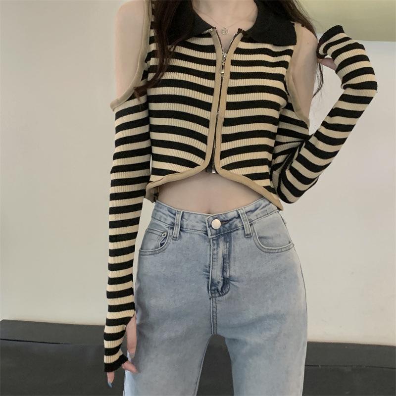 Autumn Winter Polo-neck Off the Shoulder Knitting Striped Crop Top Women Long Sleeve Hollow Zipper Sweater