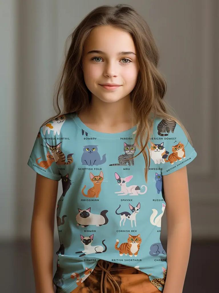 Kinderkleidung Kinder T-Shirt Mädchen Kurzarm Top Cartoon Katze Kawaii Mädchen Sommerkleidung Kinder T-Shirt Kinderkleidung