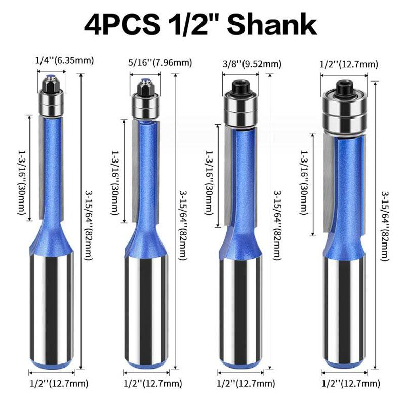 

Набор фрез, 4 шт., фрезы заподлицо с двумя фрезами Barings для фрез для обрезки древесины, хвостовик 12 мм 1/2 дюйма 4pc 12.7mm shank синий