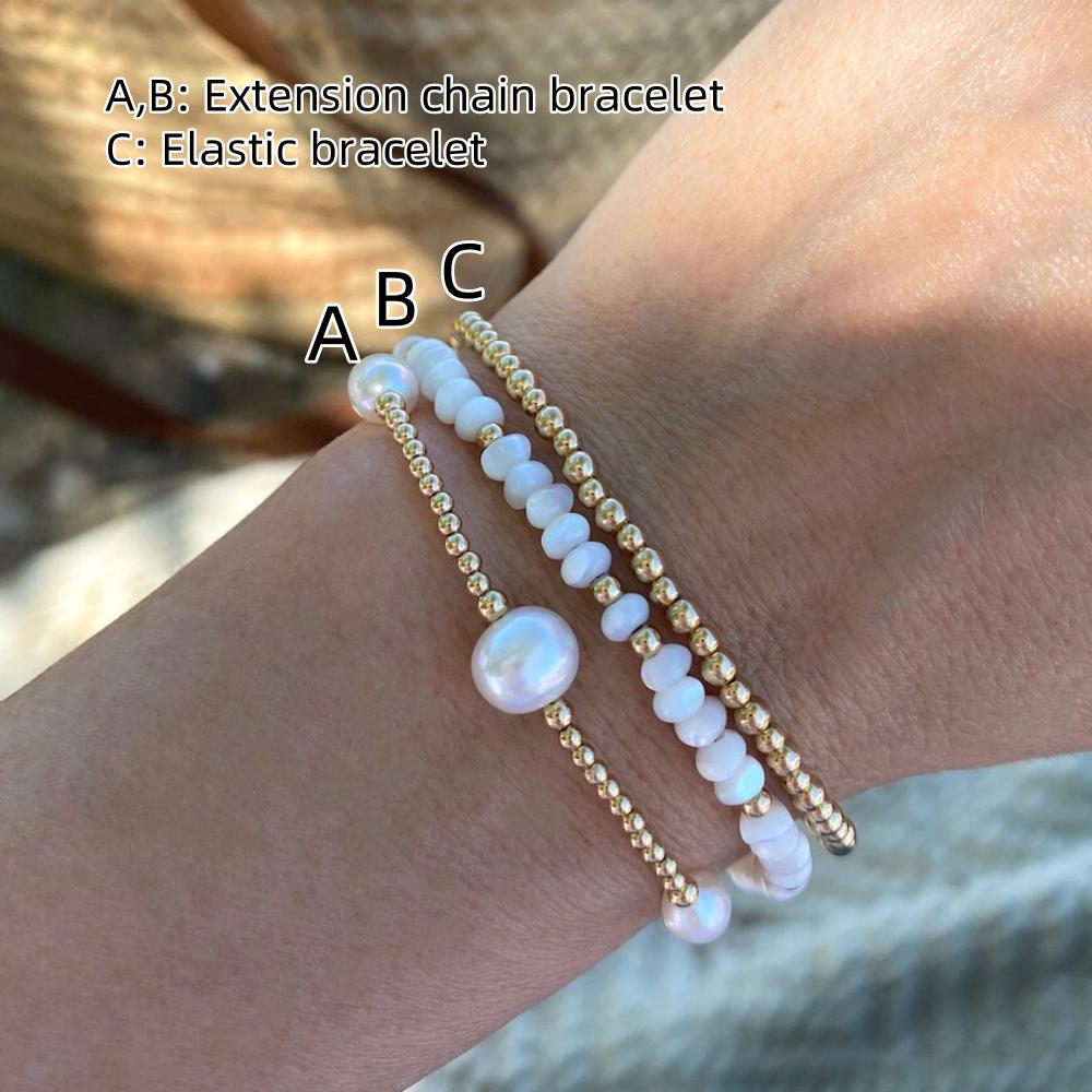 Vlen Mother of Pearl Bracelet Natural Pearl Gold Plated Beads Jewelry for Women Boho Summer Beach Stackable Bracelets Gift