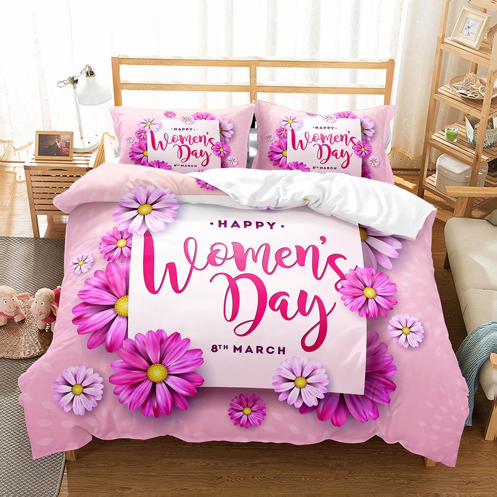Comforter Romantic Floral Happy Women'S Day Bedding Set Polyester March 8 Comforter Single King Size For Mother Gift
