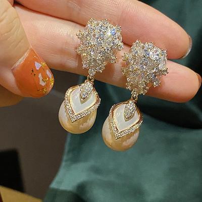 Women'S Light Luxury Pearl Zircon Earrings Medium To Long Water Droplet Pendant Design Sense Jewelry Accessories