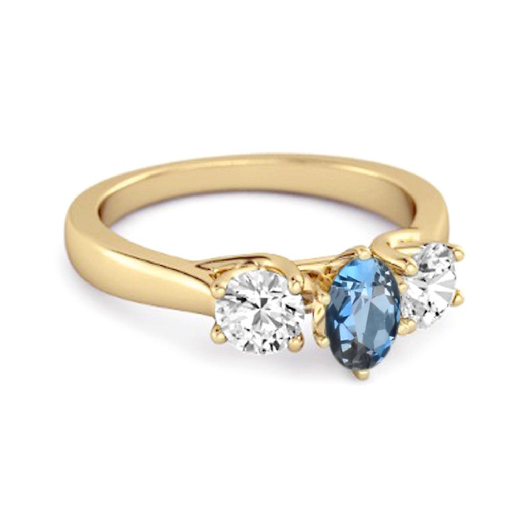 Three Stone Natural London Blue Topaz 925 Sterling Silver Gold Vermeil Engagement Ring
