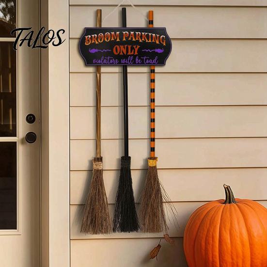 Odolný Halloweenový Značka na Zahradu Parkoviště na Košťata se 3 ks Dřevěných Košťat Čarodějnic, Závěsná na Téma Hocus Pocus Pouze pro Vnitřní Venkovní Dveře Domácí Zeď