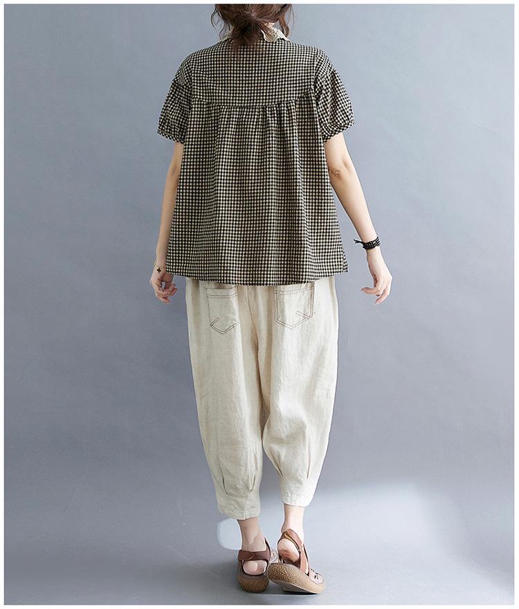 2021 Letní Nadměrná Velikost Patchwork Dámská Bavlněná Lněná Kostkovaná Košile s Peter Pan Límcem Zeštíhlující Krátký Rukáv