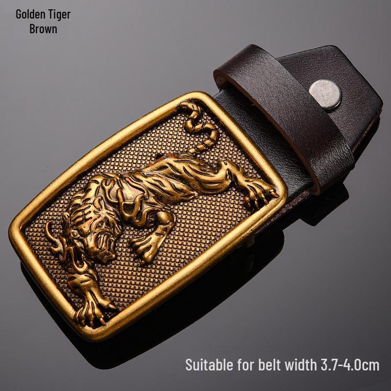 Tiger Head Alloy Western Cowboy Leather Belt with Smooth Buckle