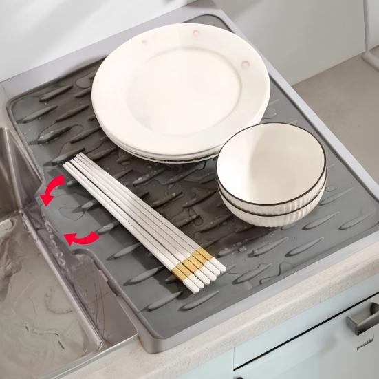 Silicone Drain Mat Thick Dish Drying Mat with Drainage Heat-Resistant Non-Slip Bar Sink Drying Pad for Countertops