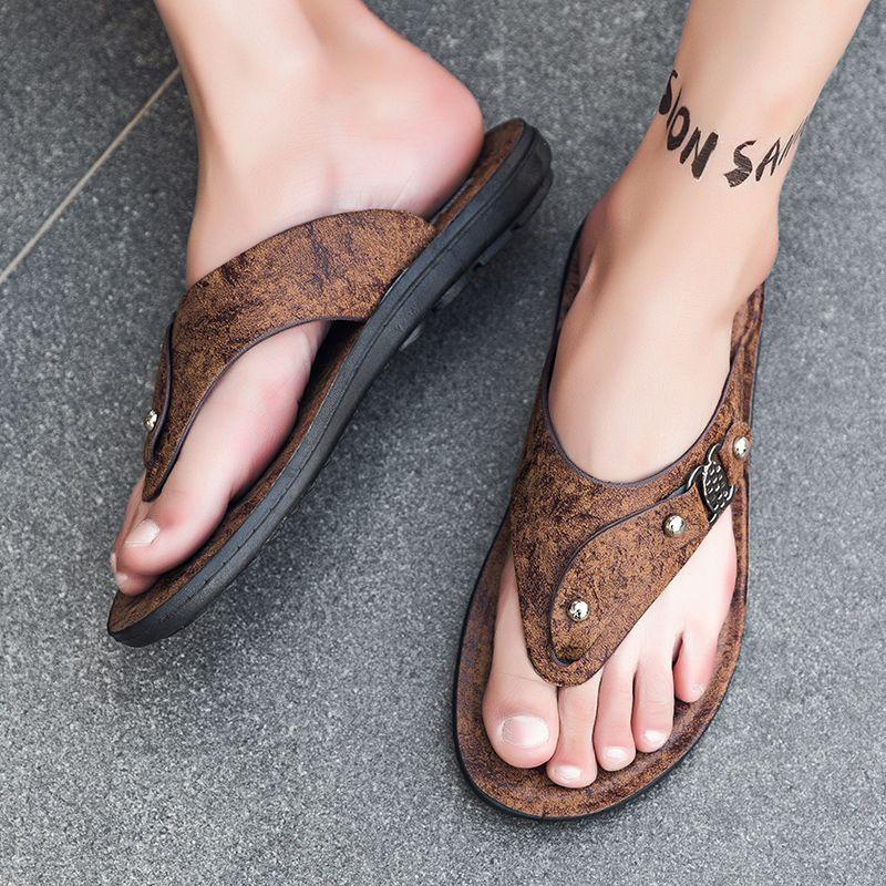 Men's Thong Flip Flops Leather Faux PU Non-Slip Wear-Resistant Soft Sole Athletic Versatile Stylish Casual