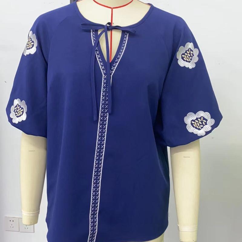 Summer New Vintage Loose Puff Sleeve Elegant Shirts for Women Fashion Embroidery V-neck Solid Casual Women's Blouses Slim Fit Lace-up Lady Tops 26650