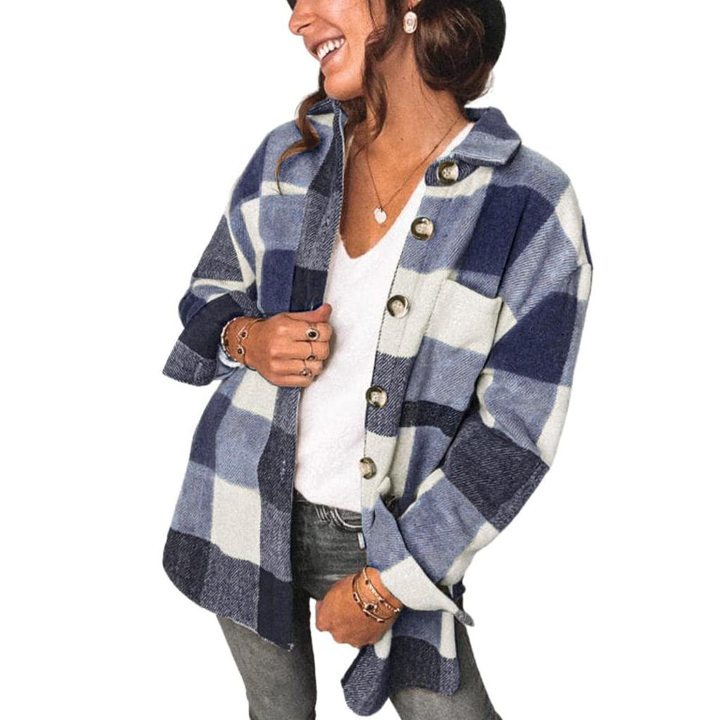Women's Plaid Shirts Flannel Jacket Long Sleeve Button Shirts Coat Casual Coat Women