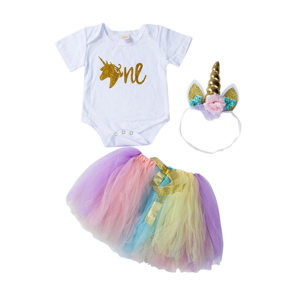 3PCS Baby Girl 1st Birthday Outfit Party Unicorn Romper Cake Smash Tutu Dress