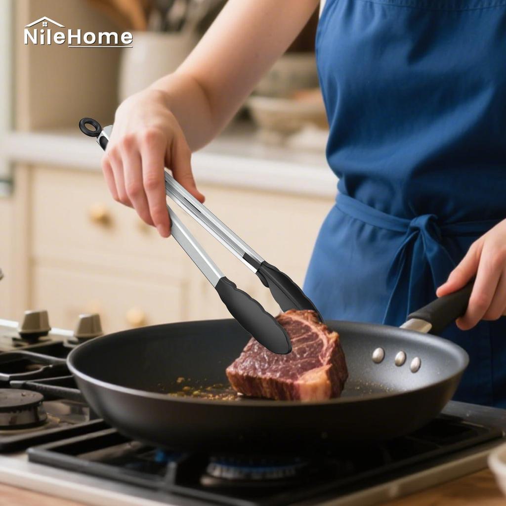 Silicone Food Tongs Set (3-Piece) - 7", 9", 12" Kitchen, BBQ, Steak & Grill Tongs
