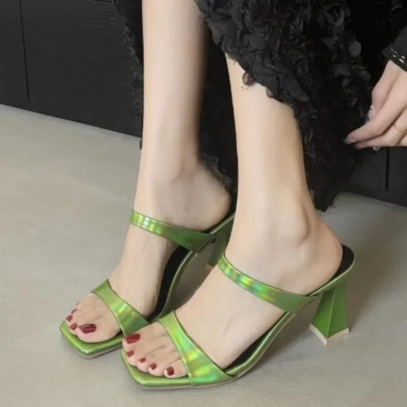 Summer Women's New Simple Solid Color Flip-flops Sexy Square-toe High Heels Comfortable Non-slip Elegant Banquet Formal Shoes