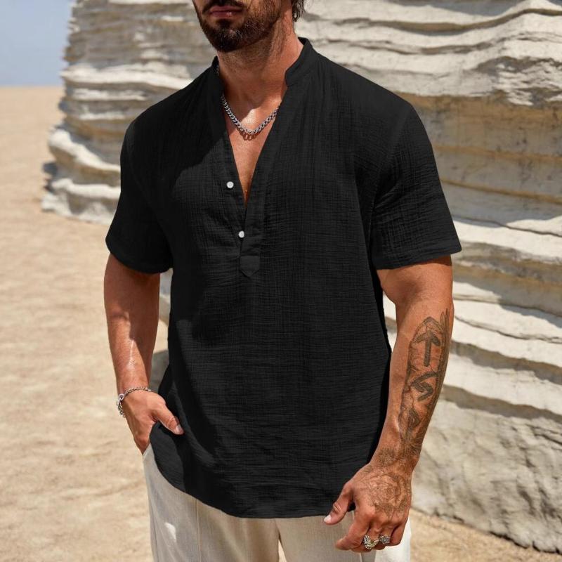Mens Solid Color Stand Collar Half Button Short Sleeve Shirt S чёрный