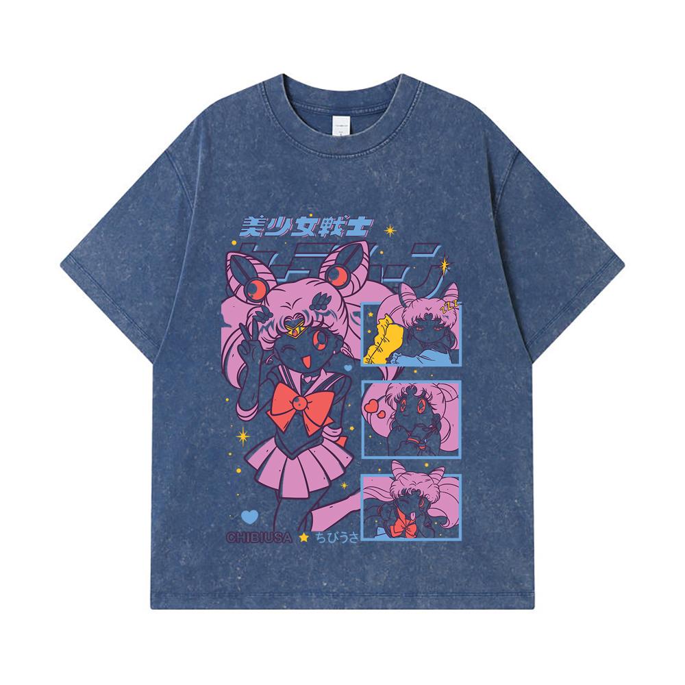 275 GSM Washed T-shirts 100% Cotton Chibiusa Print Unisex Heavy Cotton T Shirt