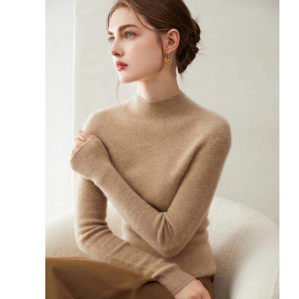 Kangsai Ni Women's Pure Cashmere Sweater - Half-High Neck, Solid Color, Slim Fit, Autumn/Winter Knit Base Layer.