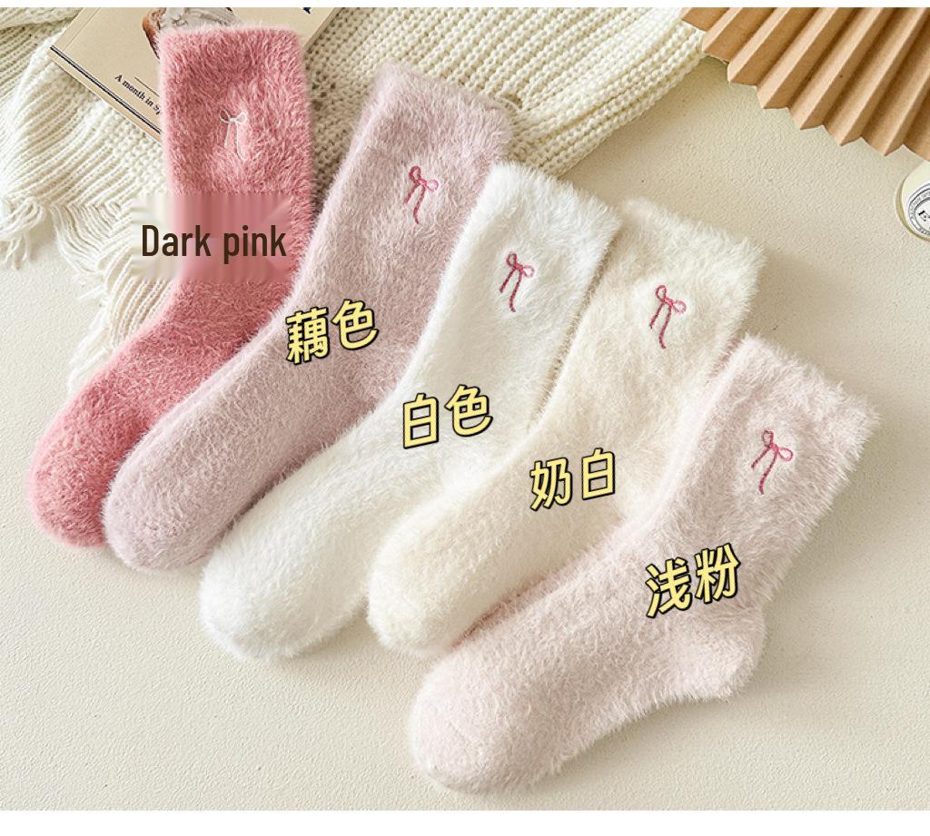 Women s Mink Velvet Bow Plush Mid-Calf Socks - Cute, Thick, and Warm for Autumn and Winter. Dark Pink