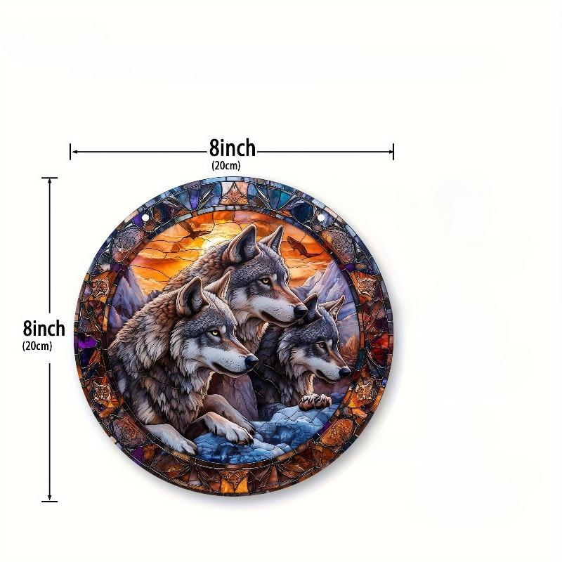 2D Flat Bohemian Style Three Wolves Mountain Scene Acrylic Decoration Sign, Stained Glass Design, Home Decor Plaque Hanging Wall Art Decorative Garden