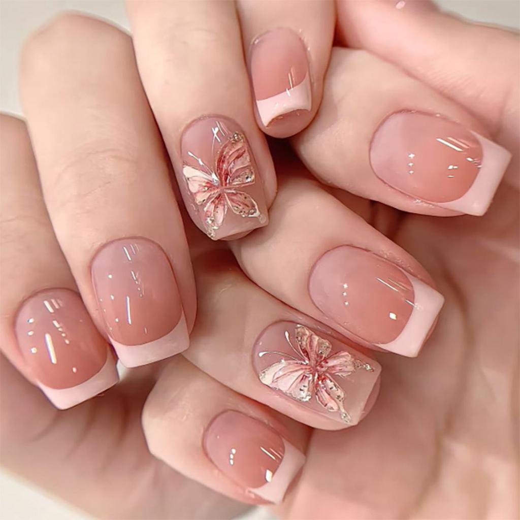 24 Pcs French Tip Press On Nail Short Square False Nail 3D Flowers Acrylic Nail Glossy Full Cover Stick On Nail