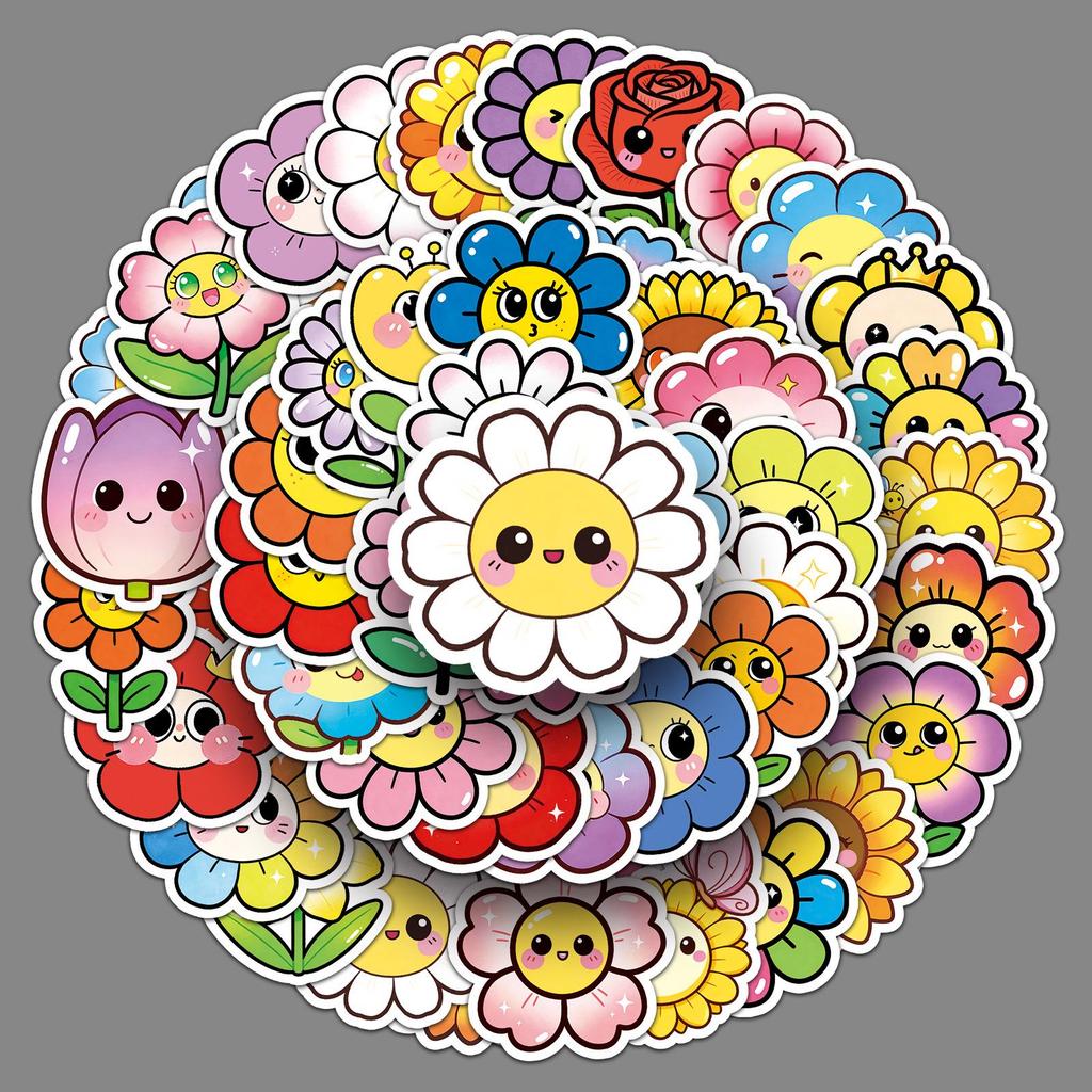 50 Colorful Smiling Face Flower Stickers: Cute Childlike Designs for Children's Rewards & Water Bottle Decoration - Waterproof & Hand-drawn.