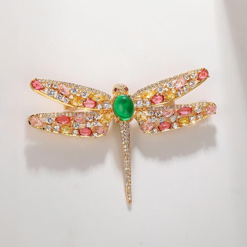 Green Chalcedony Dragonfly Brooch with Colorful Cubic Zirconia - Elegant Accessories Corsage Pin