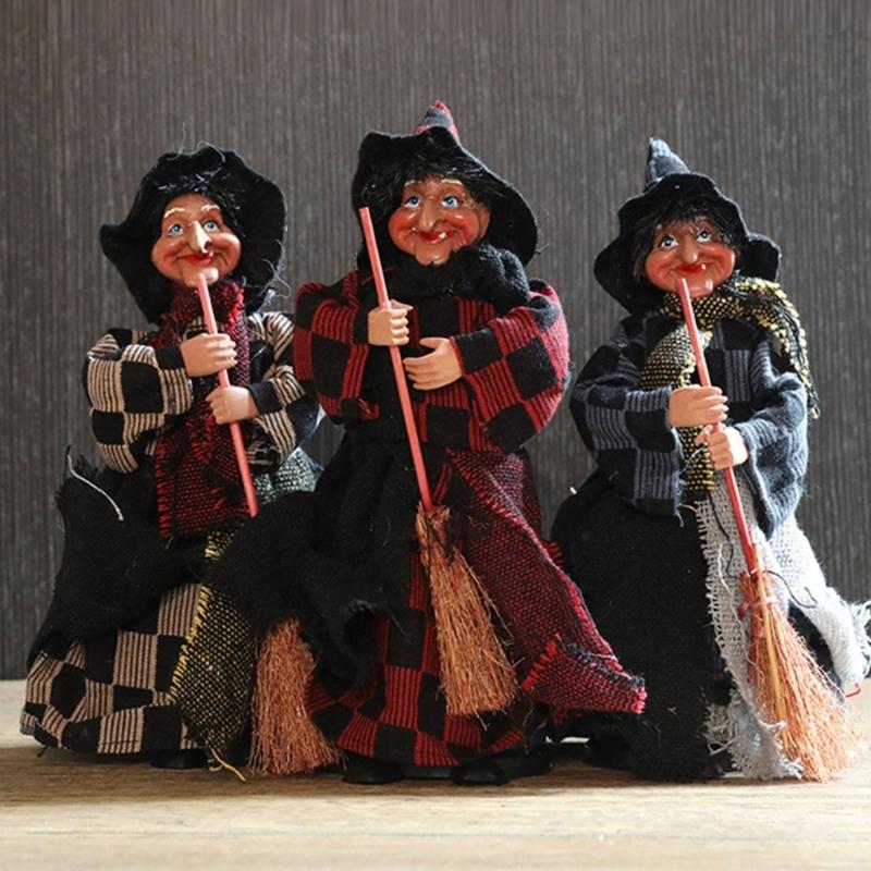 3Pcs Festival Witch Ornament Handmade Cloth Broom Wizard Figurine Decoration For Shop Window Display Indoor and Outdoor
