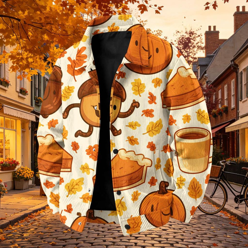 Men's Casual Corduroy Jacket with Pockets Zip-Up Long Sleeve Printed Outerwear for Fall