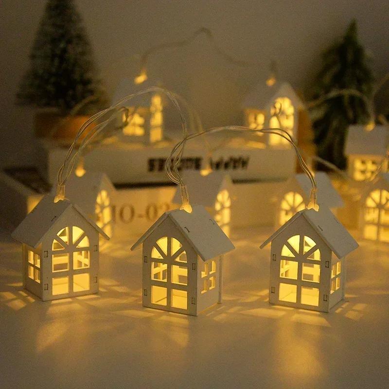 10LED 2M Christmas Wooden House LED Fairy Light String Home Hanging Garland Xmas Tree Ornaments Decoration Lamp 2025 New Year