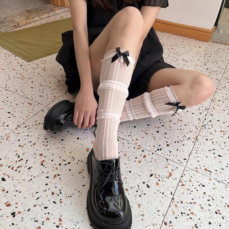 Womens Knee Length Lacy Edge Sock Bows Tie Stocking Bows Tie Long Fishnet Mesh Ballet Style Dance Sock for Summer
