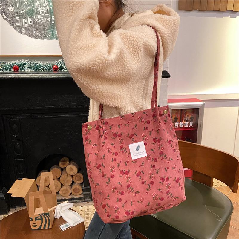 Retro Corduroy Women's Shoulder Bag Large Capacity Student Girls Casual Tote Book Handbags Flower Leopard Female Shopping Bags