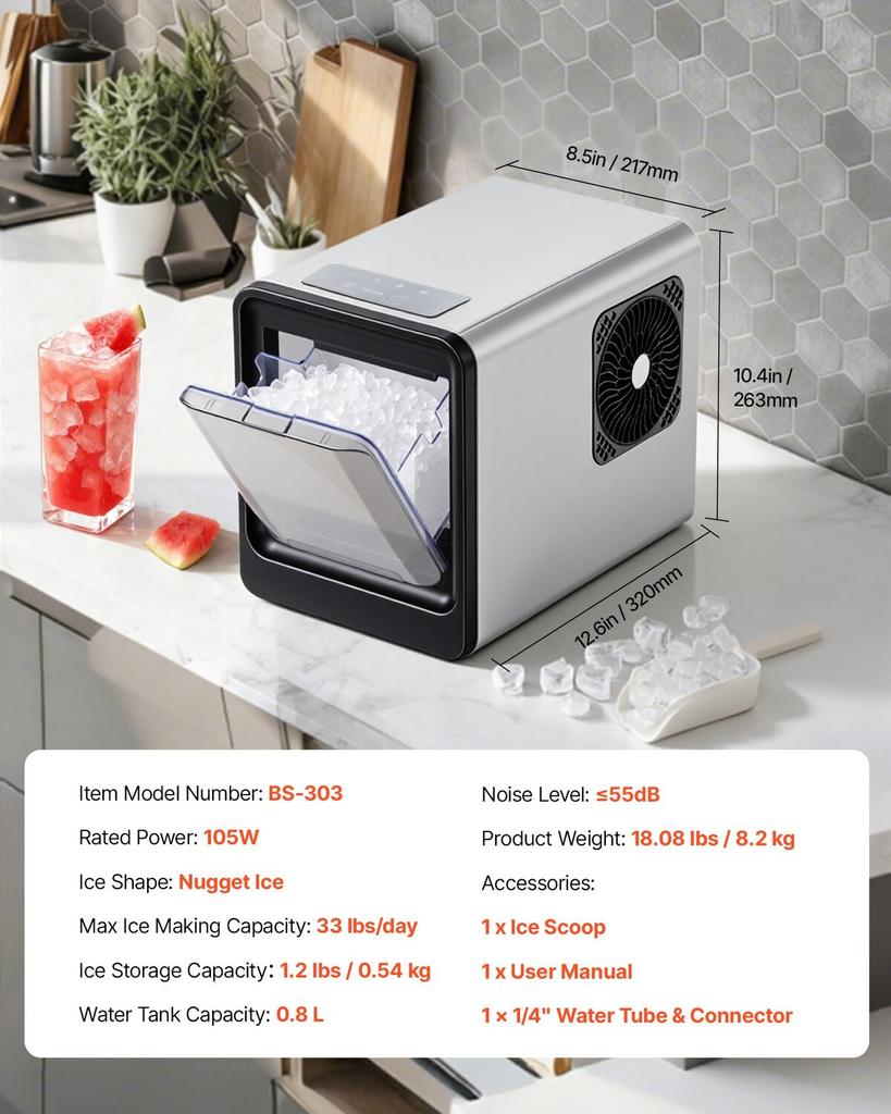 Countertop Ice Maker, 15 Kg Per Day, Self-Cleaning Portable Machine with Scoop, Drawer-Style Ice Access, Nugget Ice-Making Machine with Chewable Ices