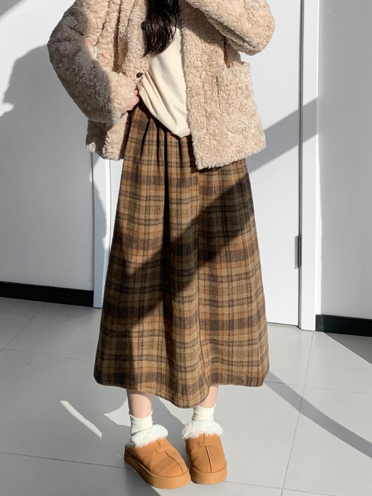 Korean Retro Plaid Woolen A-line Skirt for Women - High Waist Winter Long Skirt