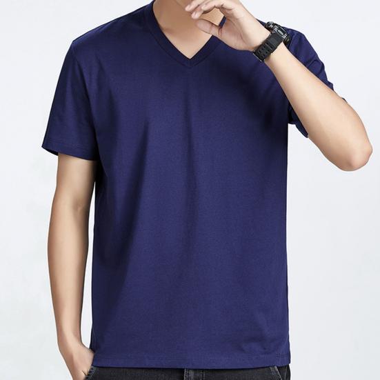 Men Tops Pure Color V-Neck Short Sleeve Tee Shirt Loose Fit Thin Breathable