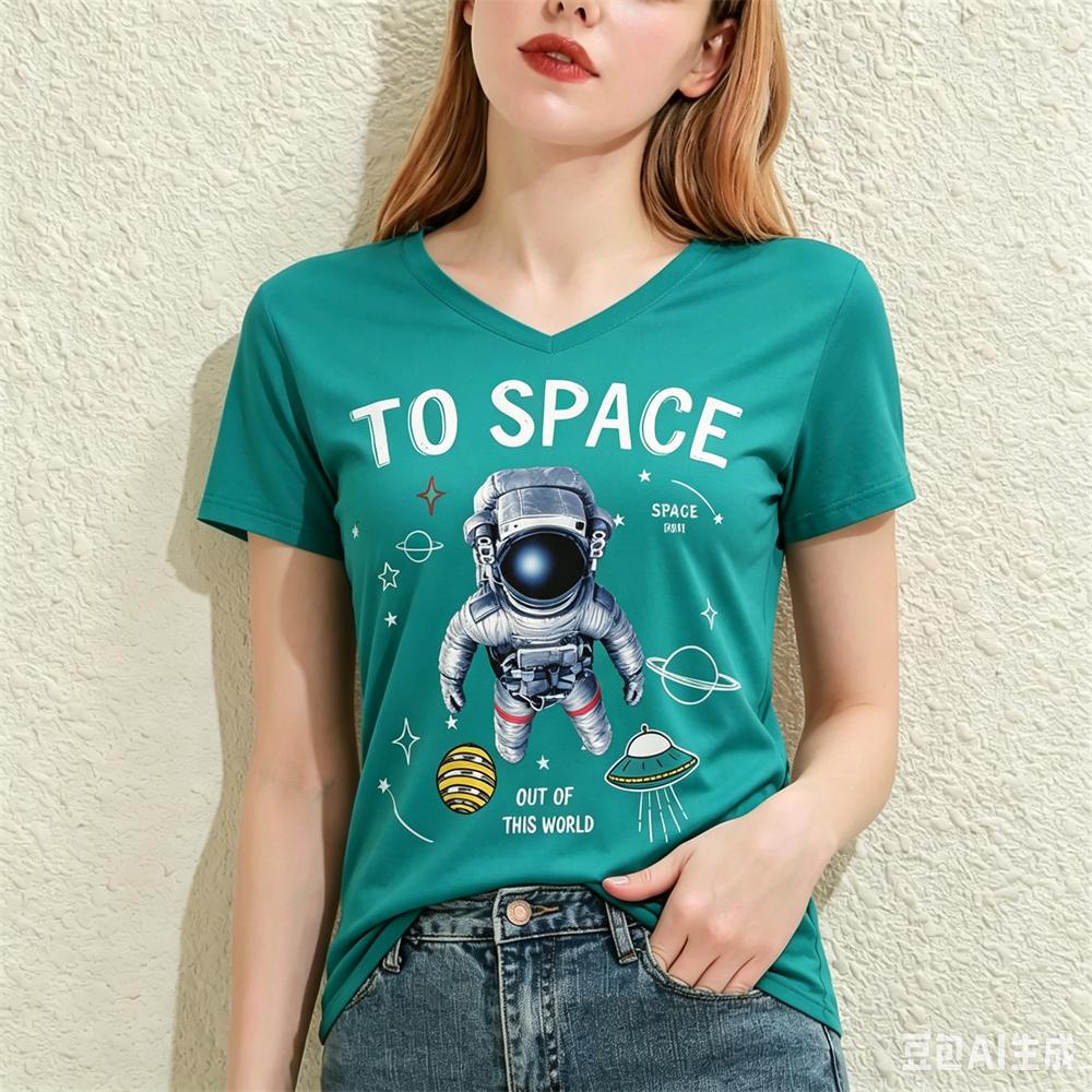 Cartoon Astronaut Pattern Print Women's T-shirts Fashion V-neck Short Sleeve Tees Casual Loose Tops Summer Trend Female Clothing