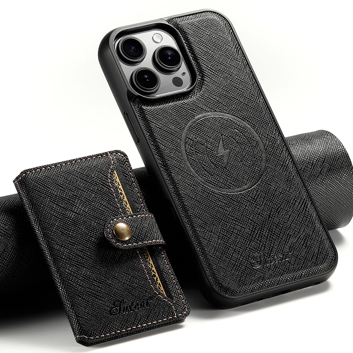 

SUTENI H20 For iPhone 15 Pro Magnetic Case Cross Texture Phone Back Cover with Detachable Card Holder Black