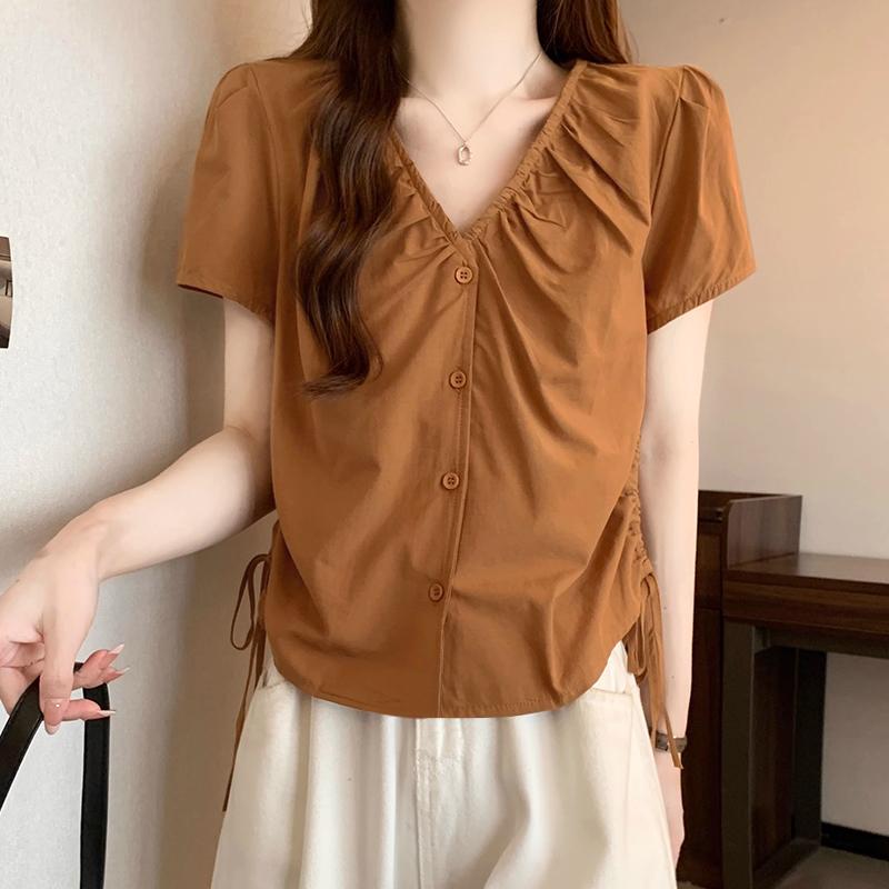 VONDA Summer Women V Neck Short Sleeve Side Drawstring Buttons Up Casual Blouse
