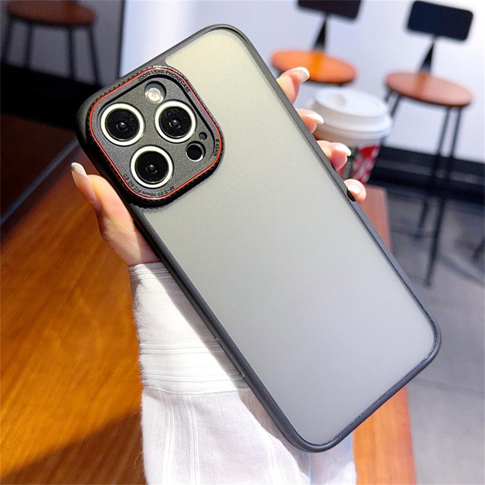 For iPhone 15 Pro Max Case Red Lens Ring Shockproof TPU+PC Translucent Phone Cover
