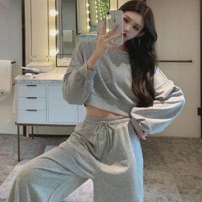 "Autumn Women's Drawstring Sports Suit: Long-Sleeve Crop Top & High-Waist Pants Two-Piece Set"