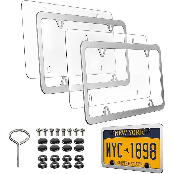 License Plate Frames Covers Combo - 2 Pack Clear Flat Car Tag Protectors Unbreakable and Aluminum Standard US License Plate Holder with Screws,Chrome