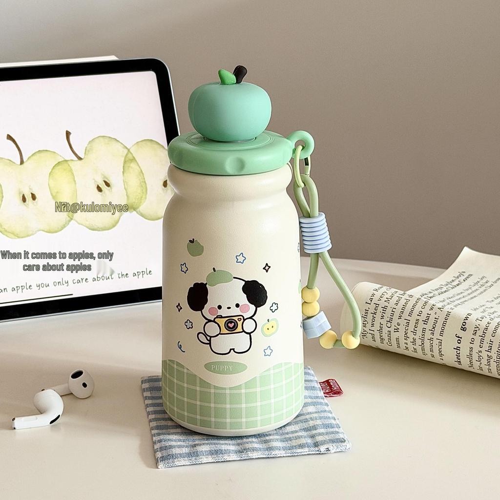 Large Capacity 316 Stainless Steel Insulated Cartoon Puppy Water Tumbler with Straw and Portable Pull Rope