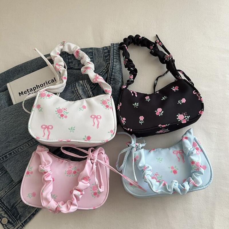 Unique Wrinkled Drawstring Floral Handbag Stylish Versatile Shoulder Underarm Purse Bag For Women