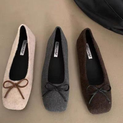 Flat-bottomed French Square Head Versatile Single Shoes Women's Shoes 2025 New Spring and Autumn Bow Retro Suede Commuter Shoes