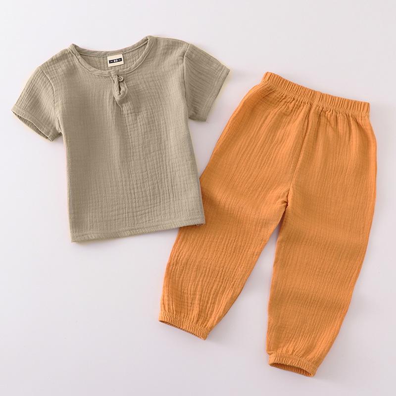 Kids' Summer Cotton Linen Two-Piece Set - Short Sleeve Top & Joggers
