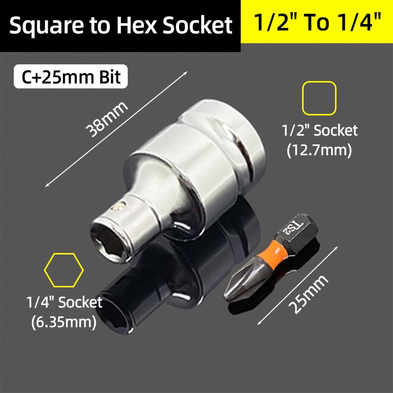 1/4" 3/8” 1/2” Square Drive To 1/4" Hex Shank Socket Adapter Converter Quick Change Bit Holder Repair Hand Tools Accessories