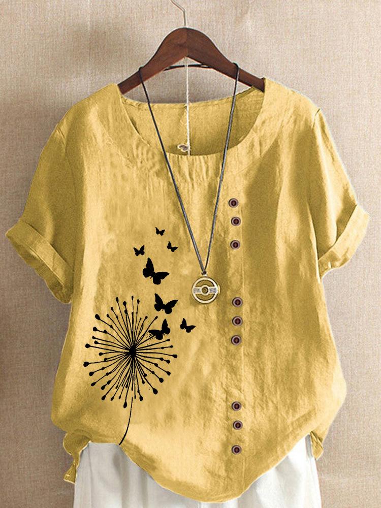 Large casual loose butterfly print short sleeved pullover T-shirt retro cotton and linen women's clothing